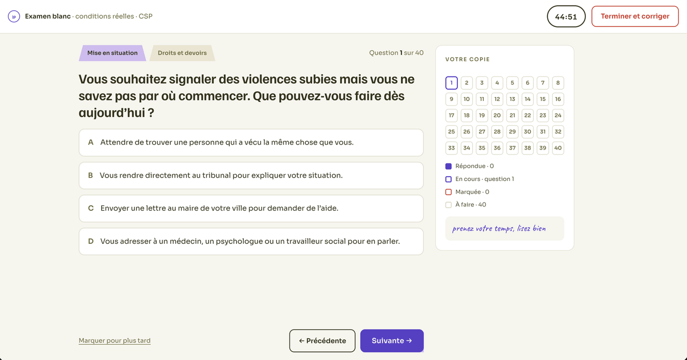 Capture d'écran d'un examen blanc jepassemoncivique : question de mise en situation, minuteur, et grille de copie avec les 40 questions.